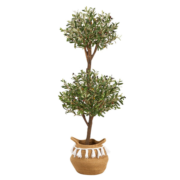 4.5' Artificial Olive Double Topiary with Handmade Jute & Cotton Basket with Tassels