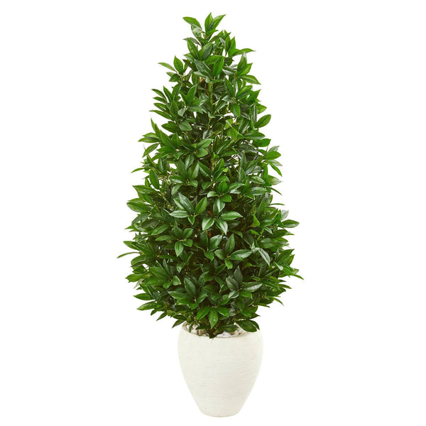 4.5’ Bay Leaf Cone Topiary Artificial Tree UV Resistant in White Planter (Indoor/Outdoor)