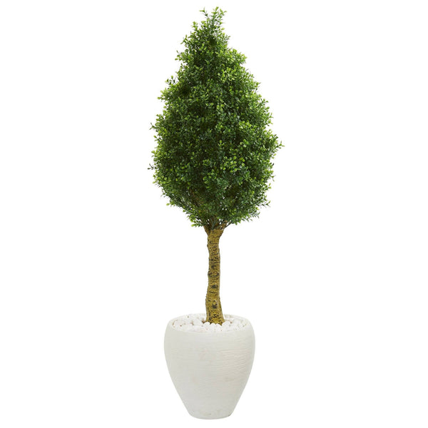 4.5’ Boxwood Cone Topiary Artificial Tree in White Oval Planter (Indoor/Outdoor)