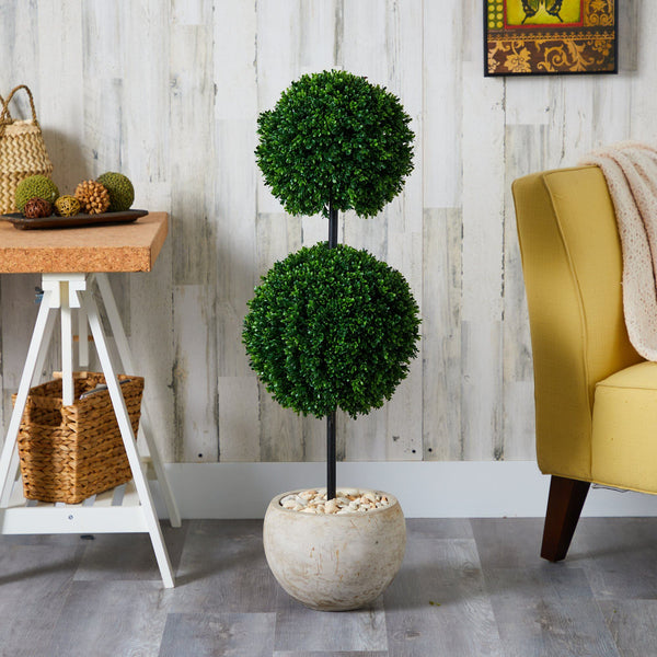 45” Boxwood Double Ball Artificial Topiary Tree in Sand Colored Planter (Indoor/Outdoor)