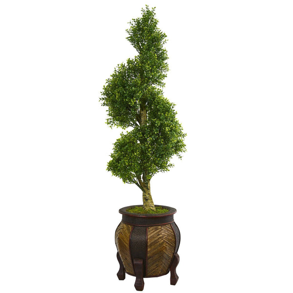 4.5’ Boxwood Spiral Topiary Artificial Tree in Decorative Planter
