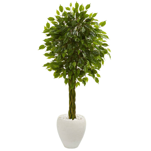4.5’ Braided Ficus Artificial Tree in White Planter (Indoor/Outdoor)