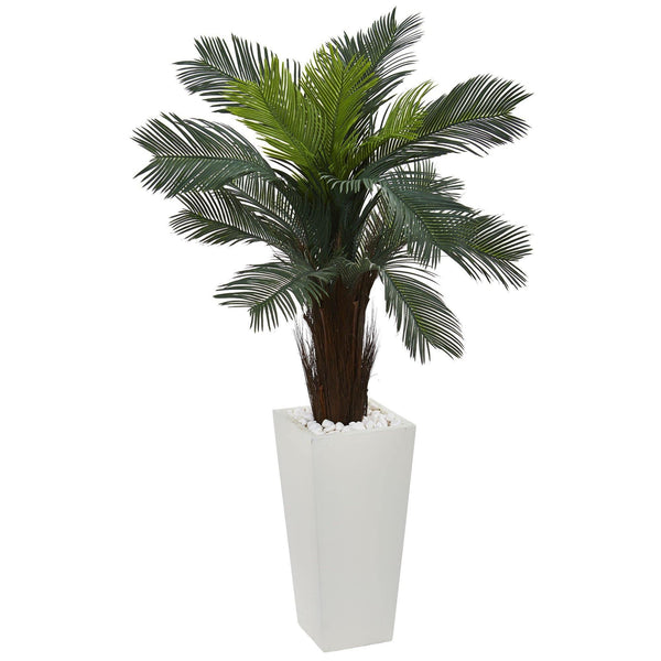 4.5’ Cycas Artificial Plant in White Tower Planter Indoor/Outdoor