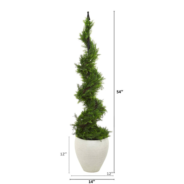 4.5’ Cypress Artificial Spiral Topiary Tree in White Planter