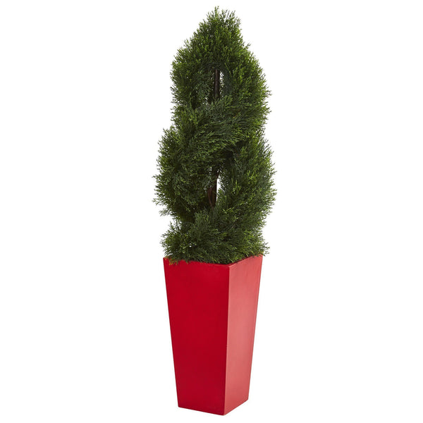 4.5’ Double Pond Cypress Spiral Artificial Tree in Red Planter (Indoor/Outdoor)