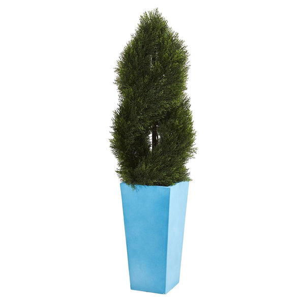 4.5’ Double Pond Cypress Spiral Artificial Tree in Turquoise Planter (Indoor/Outdoor)