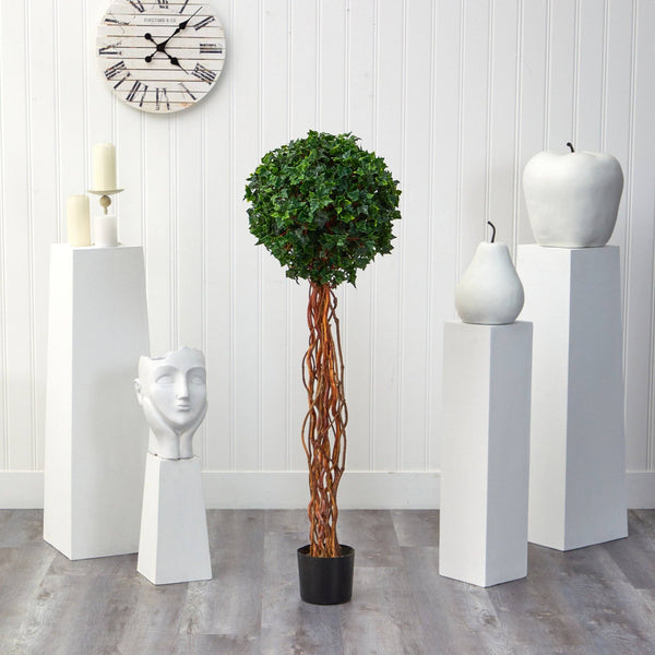 4.5’ English Ivy Single Ball Artificial Topiary Tree with Natural Trunk UV Resistant (Indoor/Outdoor)