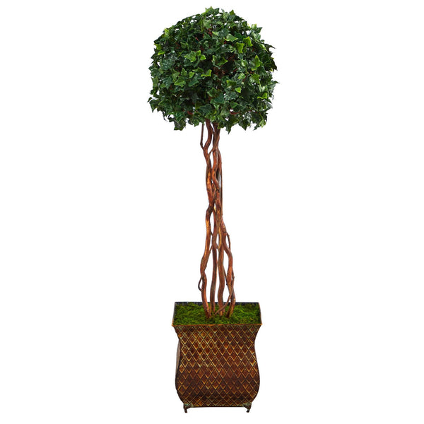 45” English Ivy Topiary Single Ball Artificial Tree in Metal Planter(Indoor/Outdoor)