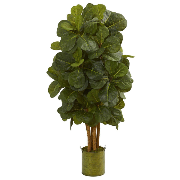 4.5’ Fiddle Leaf Artificial Tree in Green Tin Planter