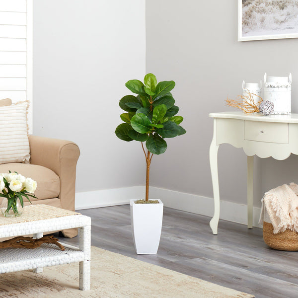 45” Fiddle Leaf Artificial Tree in White Metal Planter
