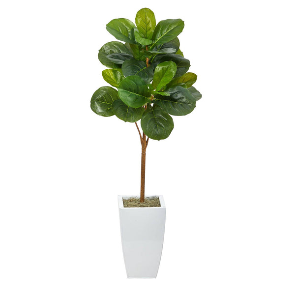 45” Fiddle Leaf Artificial Tree in White Metal Planter