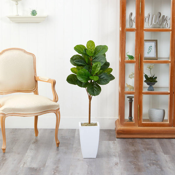 45” Fiddle Leaf Artificial Tree in White Metal Planter