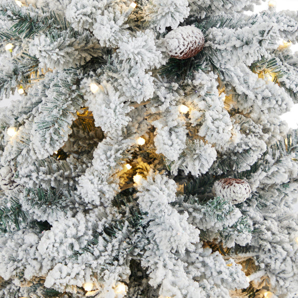 4.5’ Flocked Livingston Fir Artificial Christmas Tree with Pine Cones and 150 Clear Warm LED Lights in Charcoal Urn