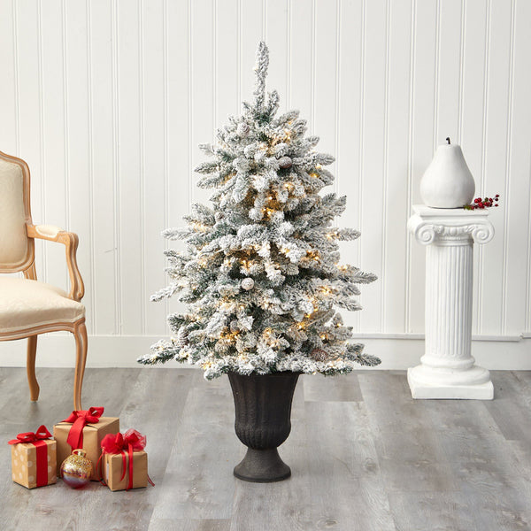 4.5’ Flocked Livingston Fir Artificial Christmas Tree with Pine Cones and 150 Clear Warm LED Lights in Charcoal Urn