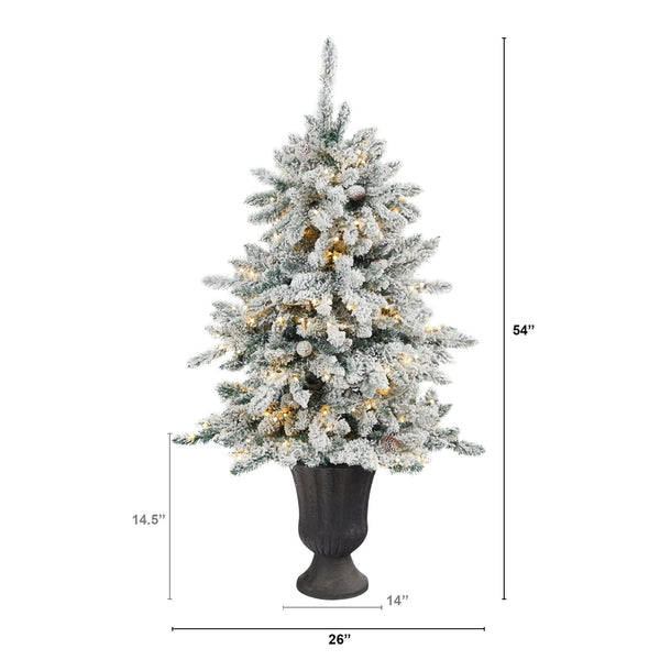 4.5’ Flocked Livingston Fir Artificial Christmas Tree with Pine Cones and 150 Clear Warm LED Lights in Charcoal Urn