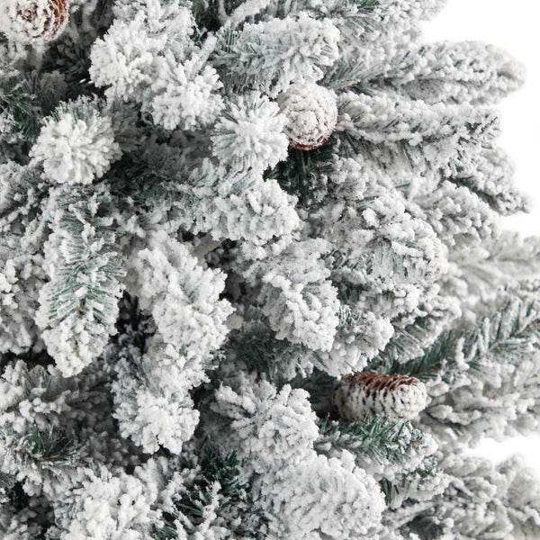 4.5’ Flocked Livingston Fir Artificial Christmas Tree with Pine Cones and 150 Clear Warm LED Lights in Tall White Planter