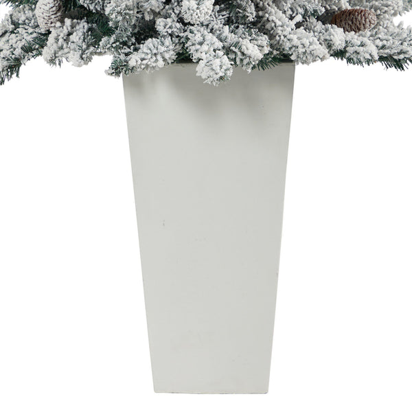 4.5’ Flocked Livingston Fir Artificial Christmas Tree with Pine Cones and 150 Clear Warm LED Lights in Tall White Planter