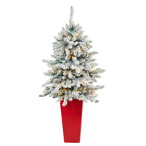 4.5’ Flocked Livingston Fir Artificial Christmas Tree with Pine Cones and 150 Clear Warm LED Lights in Tall White Planter