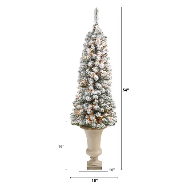 4.5’ Flocked Pencil Artificial Christmas Tree with 100 Clear Lights and 216 Bendable Branches in Sand Colored Urn