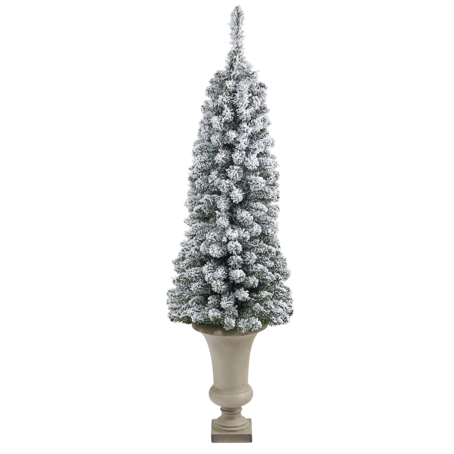 4.5’ Flocked Pencil Artificial Christmas Tree with 100 Clear Lights and 216 Bendable Branches in Sand Colored Urn