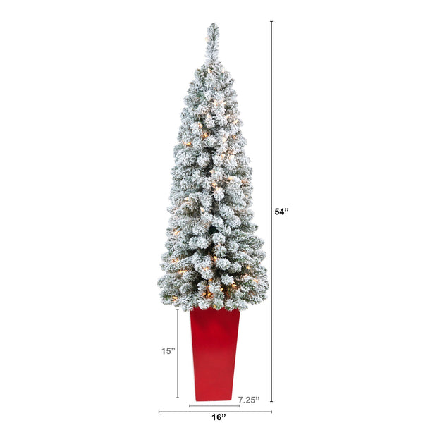 4.5’ Flocked Pencil Artificial Christmas Tree with 100 Clear Lights and 216 Bendable Branches in Tower Planter