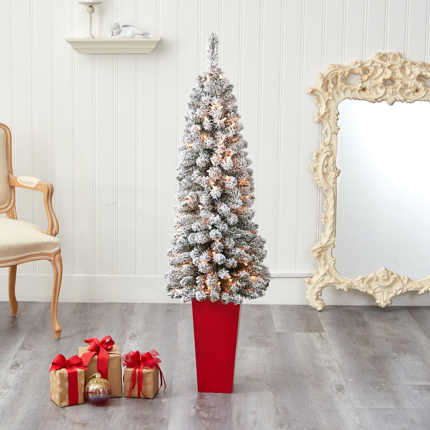 4.5’ Flocked Pencil Artificial Christmas Tree with 100 Clear Lights and 216 Bendable Branches in Tower Planter