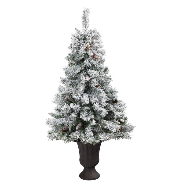 4.5' Flocked White River Mountain Pine Artificial Christmas Tree with Pinecones and 100 Clear LED Lights in Charcoal Urn