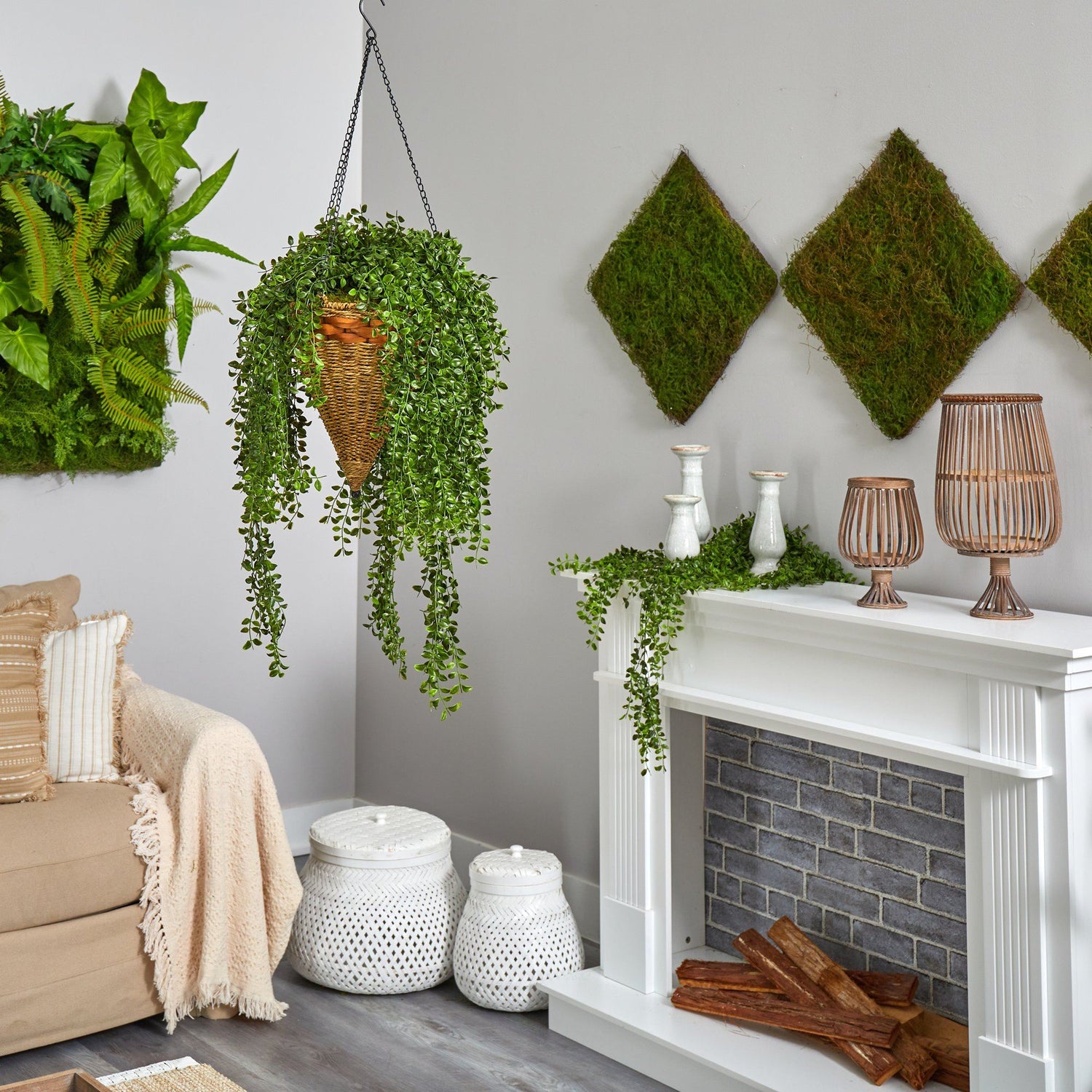 hanging plants for fireplace 45” Gleditsia Artificial Plant in Hanging Cone Basket UV Resistant (Indoor/Outdoor)