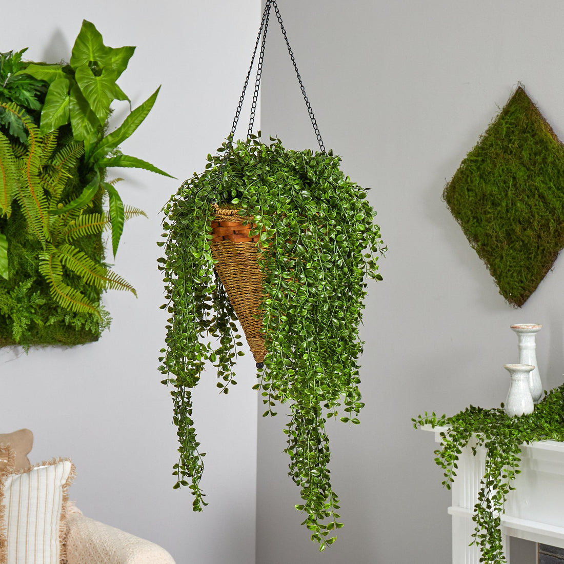 evergreen outdoor hanging plants 45” Gleditsia Artificial Plant in Hanging Cone Basket UV Resistant (Indoor/ Outdoor)