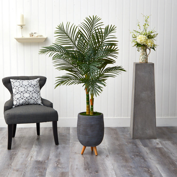 4.5’ Golden Cane Artificial Palm Tree in Gray Tri-Pod Planter