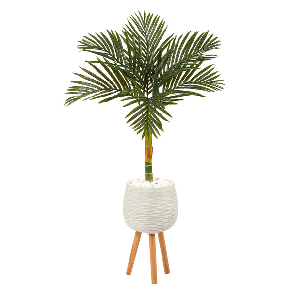 4.5’ Golden Cane Artificial Palm Tree in White Planter with Stand