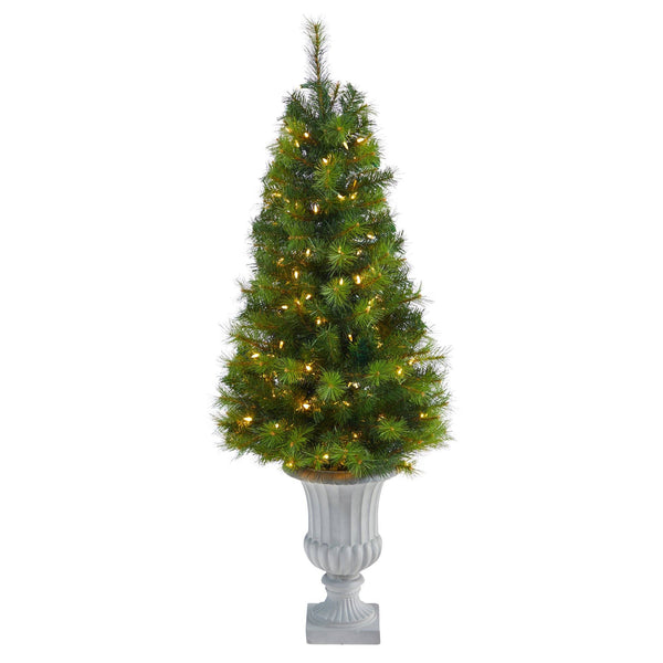 4.5’ Green Valley Pine Artificial Christmas Tree with 100 Warm White LED Lights and 201 Bendable Branches in Decorative Urn