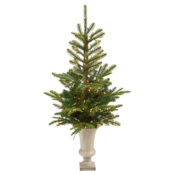 4.5’ Layered Washington Spruce Artificial Christmas Tree with 100 Clear LED Lights and 189 Bendable Branches in Sand Colored Urn