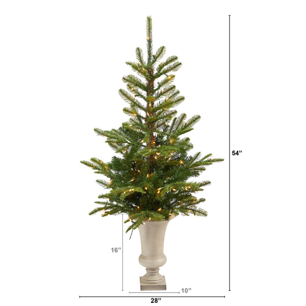 4.5’ Layered Washington Spruce Artificial Christmas Tree with 100 Clear LED Lights and 189 Bendable Branches in Sand Colored Urn