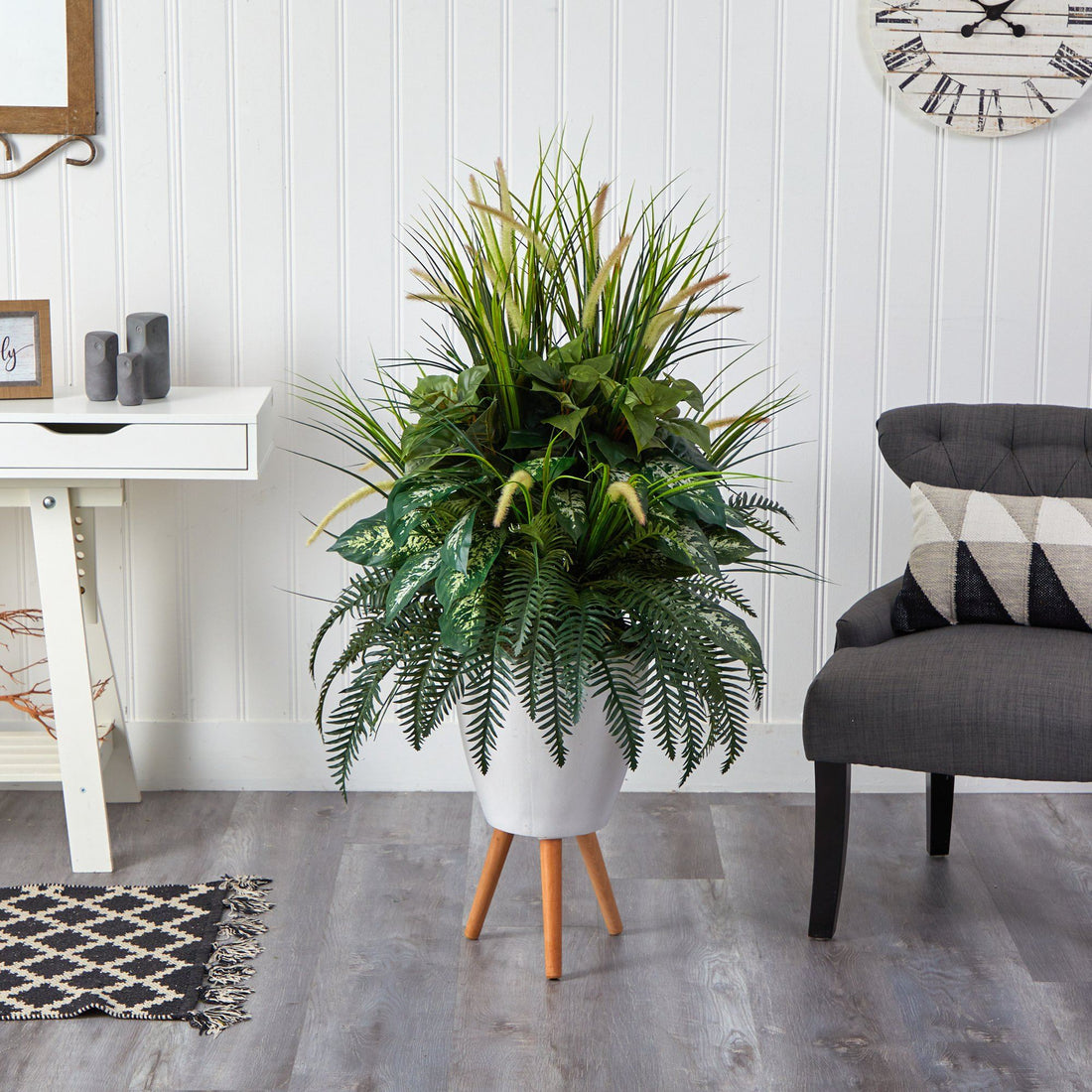 white planter indoor 4.5' Mixed Greens Artificial Plant in White Planter with Legs