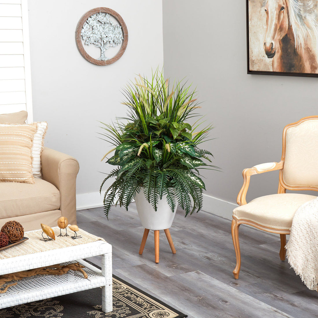 artificial plants in pots for home decor indoor 4.5' Mixed Greens Artificial Plant in White Planter with Legs