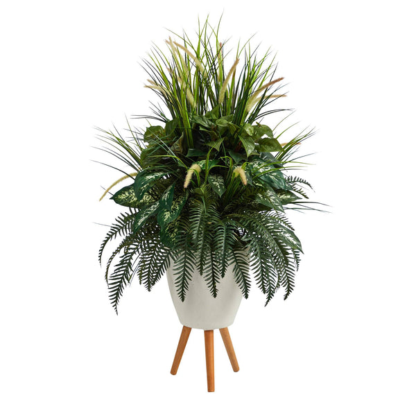 4.5’ Mixed Greens Artificial Plant in White Planter with Legs