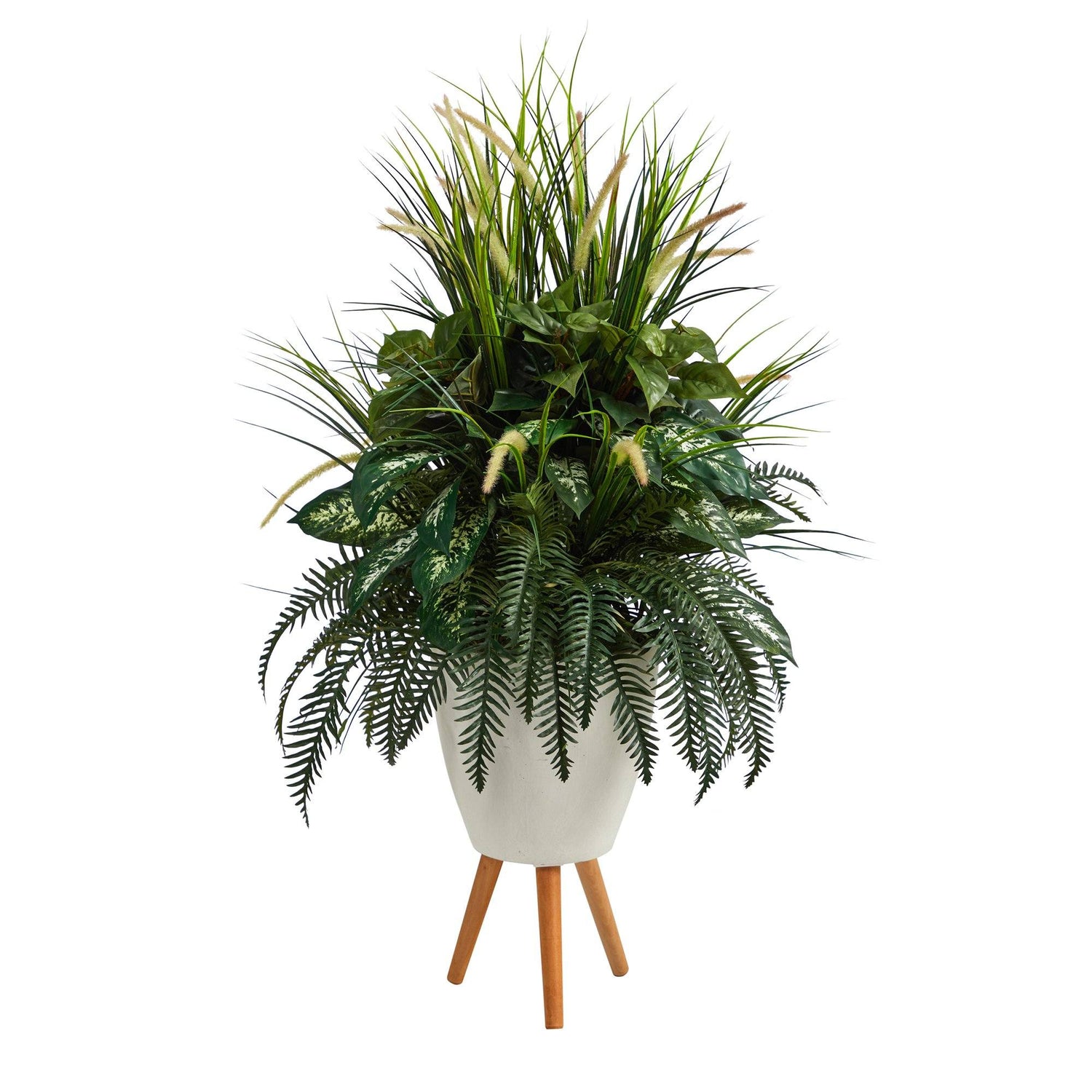 white faux indoor plants 4.5' Mixed Greens Artificial Plant in White Planter with Legs