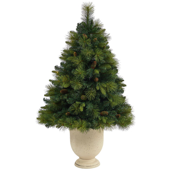 4.5’ North Carolina Mixed Pine Artificial Christmas Tree with 130 Warm White LED Lights, 459 Bendable Branches and Pinecones in Decorative Urn