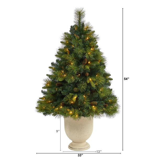 4.5’ North Carolina Mixed Pine Artificial Christmas Tree with 130 Warm White LED Lights, 459 Bendable Branches and Pinecones in Decorative Urn