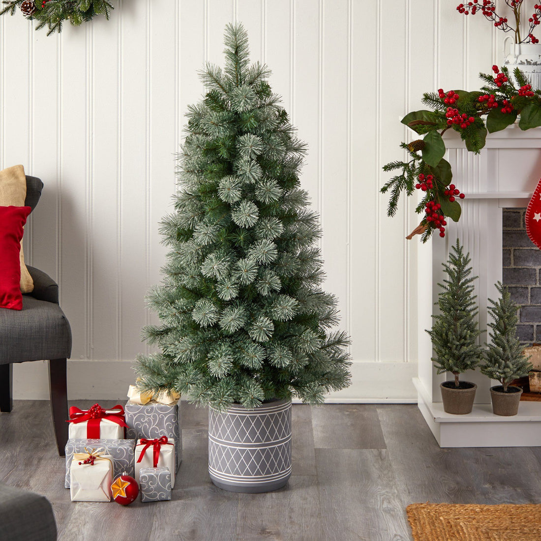 bonsai tree asda 4.5' Nova Scotia Pine Tree in Engraved Geometric Stone Planter with 120  Warm White LED Lights