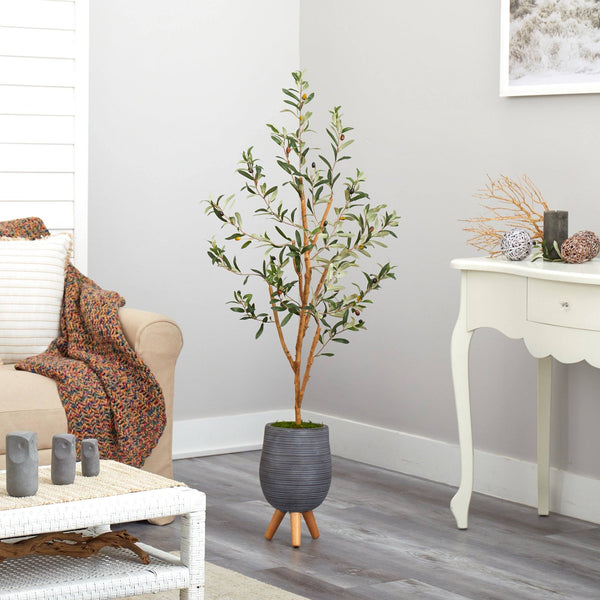 4.5’ Olive Artificial Tree in Gray Tripod Planter
