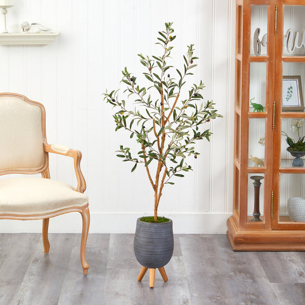 4.5’ Olive Artificial Tree in Gray Tripod Planter