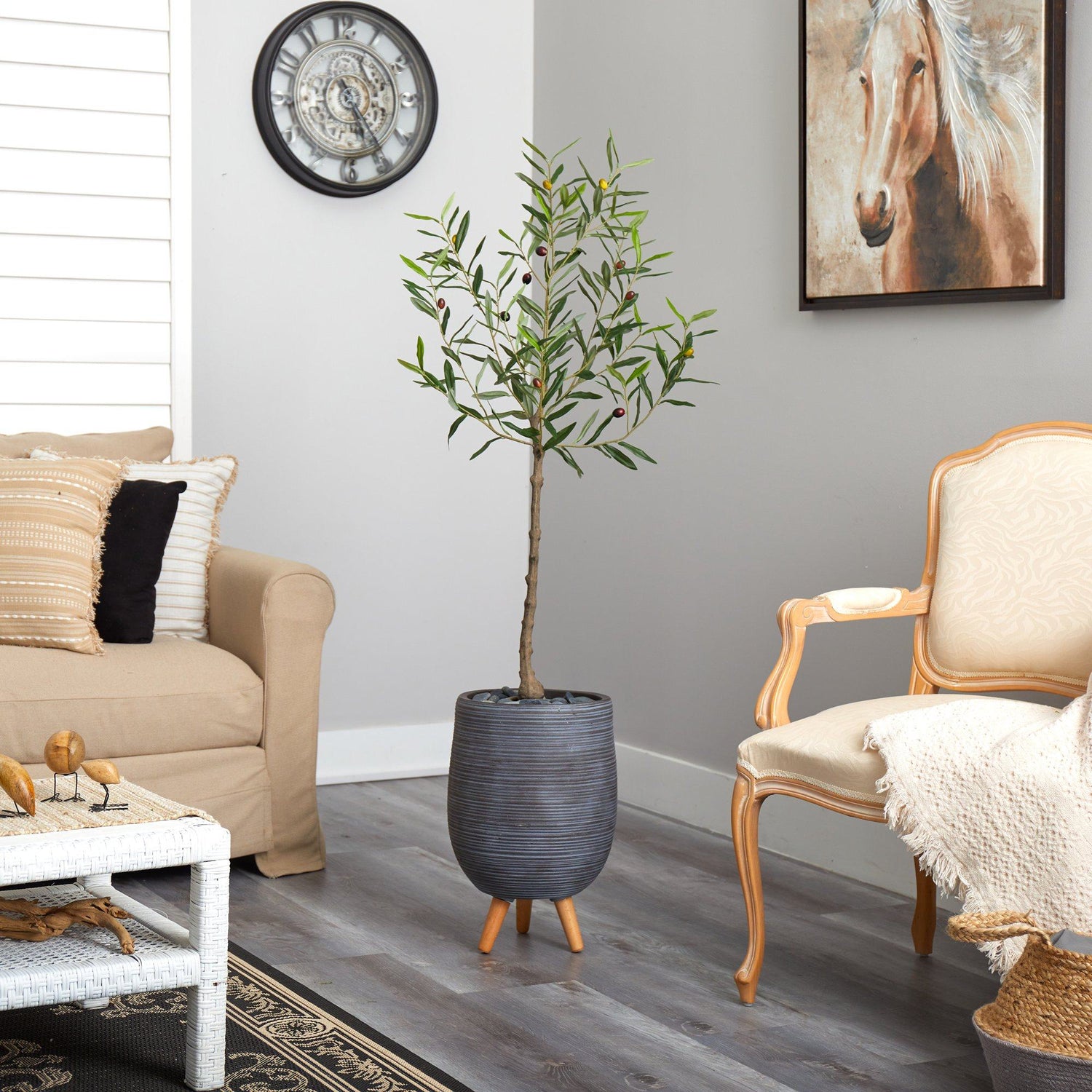 4.5’ Artificial Olive Tree in Gray Planter with Stand
