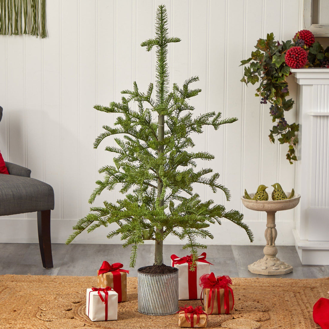 Nearly Natural 4.5 ft. Pre-Lit Christmas Pine Artificial Tree in Decorative Planter