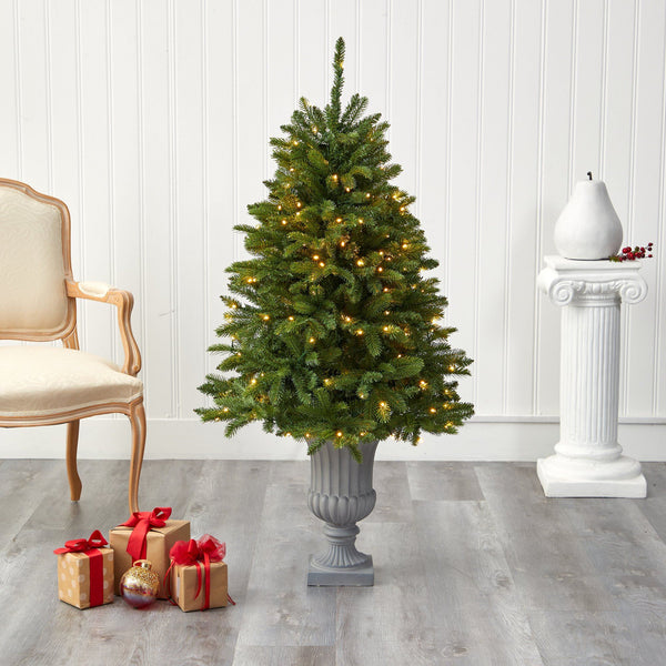 4.5’ Sierra Spruce “Natural Look” Artificial Christmas Tree with 150 Clear LED Lights in Decorative Urn