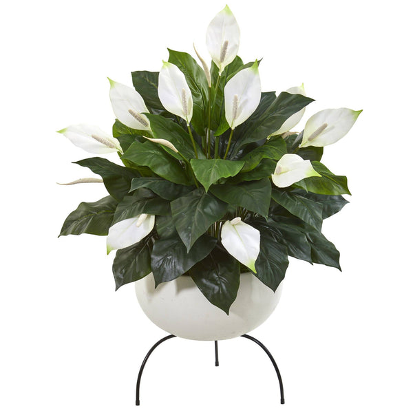 45” Spathiphyllum Artificial Plant in White Planter with Metal Stand