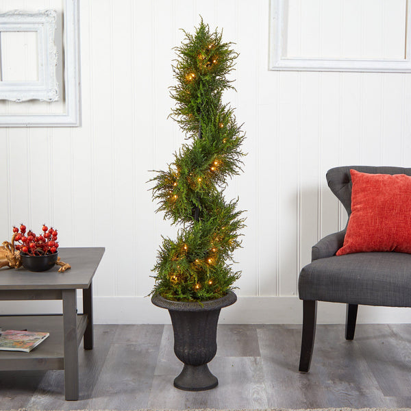 4.5’ Spiral Cypress Artificial Tree in Charcoal Urn with 80 Clear LED Lights UV Resistant (Indoor/Outdoor)