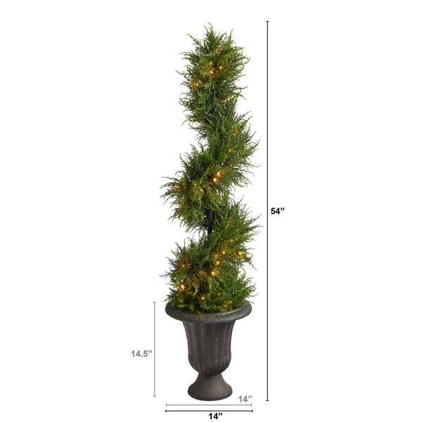 4.5’ Spiral Cypress Artificial Tree in Charcoal Urn with 80 Clear LED Lights UV Resistant (Indoor/Outdoor)