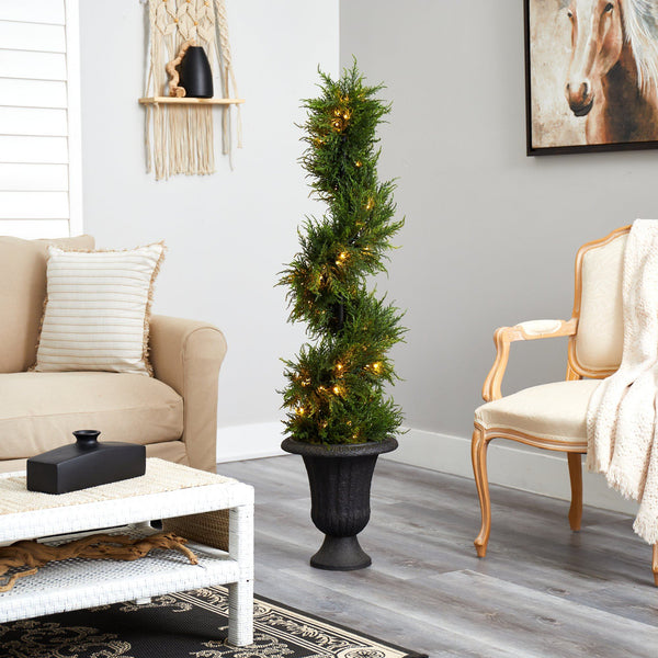 4.5’ Spiral Cypress Artificial Tree in Charcoal Urn with 80 Clear LED Lights UV Resistant (Indoor/Outdoor)